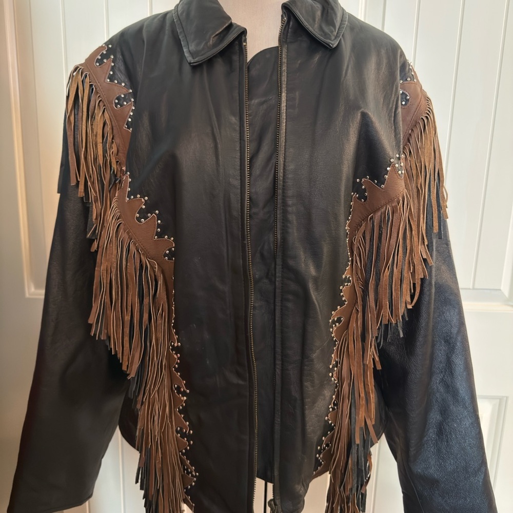 Vintage 90s Western World Studded Black Leather Fringe Jacket XXL